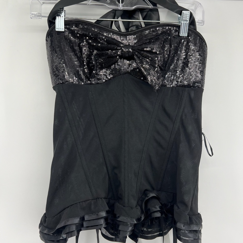 Adore Me Women Corset Lingerie Top Large Black‎ Sequins Halter Garter straps
